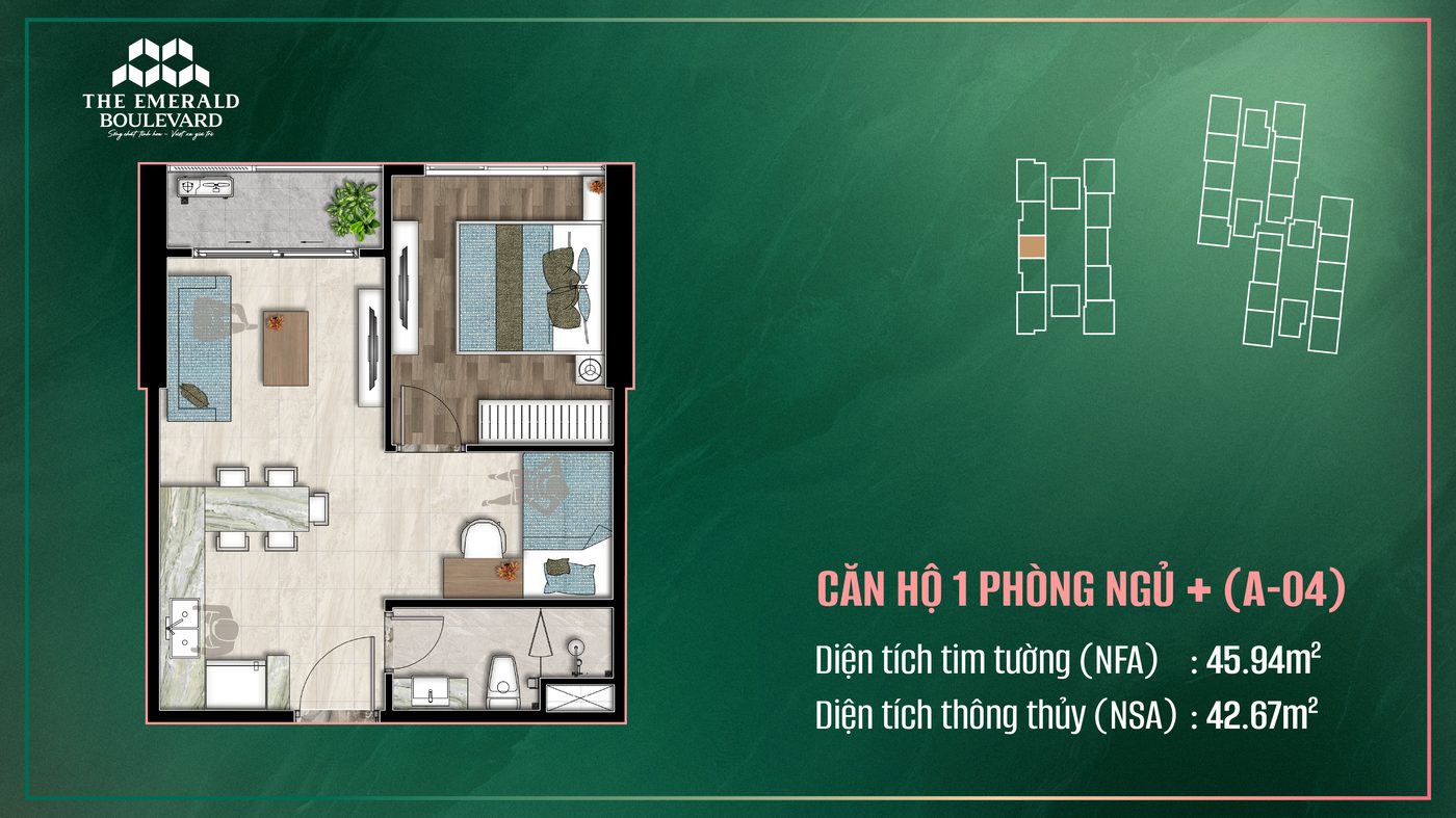 Căn hộ 1PN+ The Emerald Boulevard